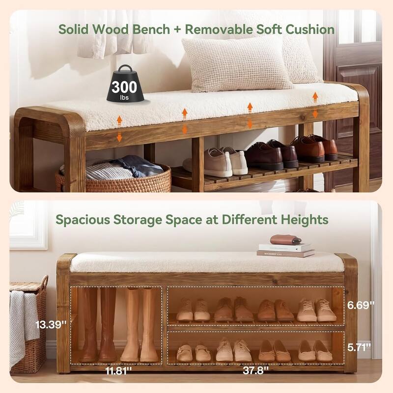55" Upholstered Bench/Shoe Rack, 3-Tier Solid Wood Entryway Shoe ...